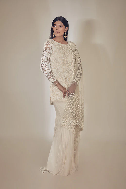 Hand Embroidered Off-White Sharara - Image 4