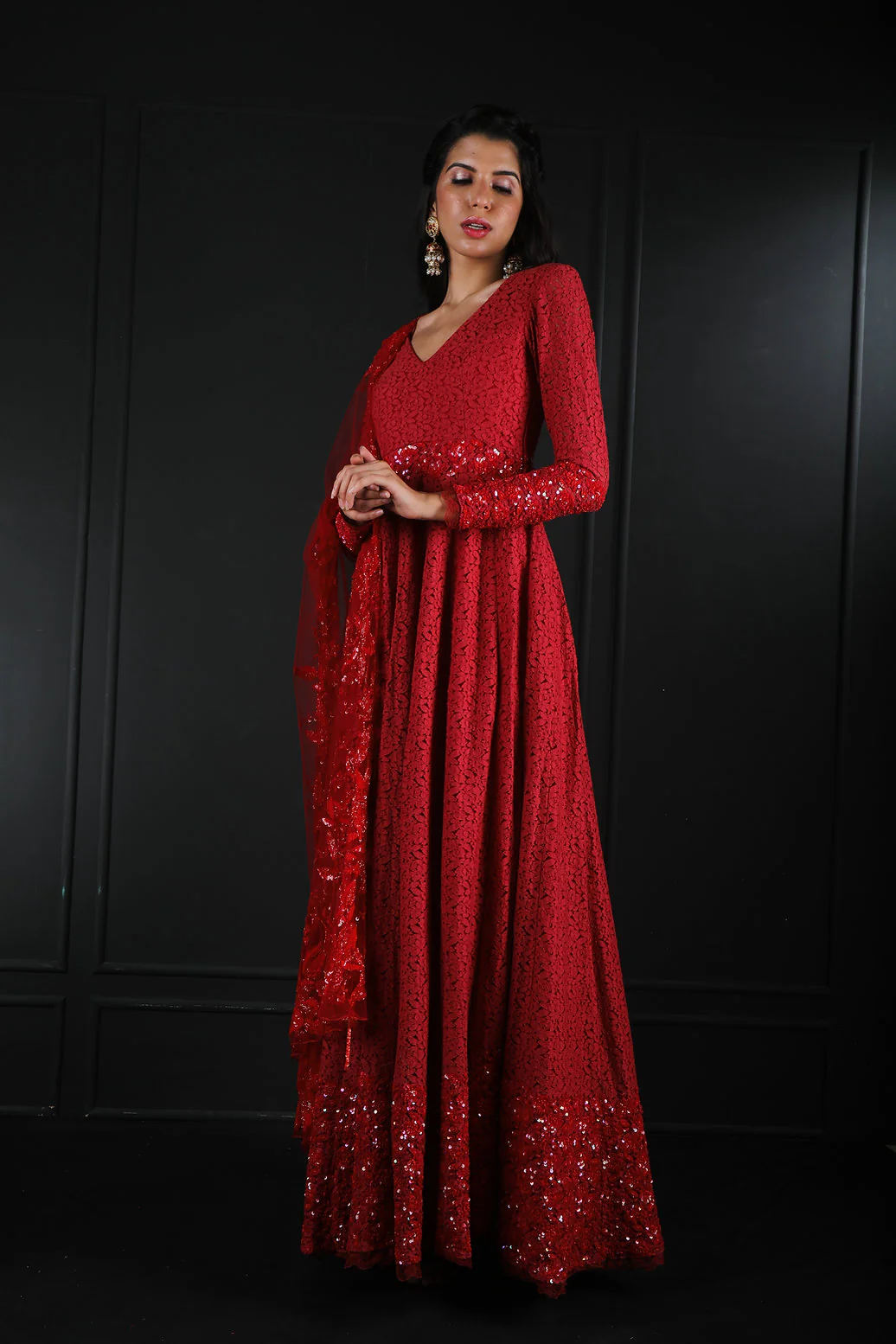 Hand Embroidered Red Lace Anarkali - Image 3
