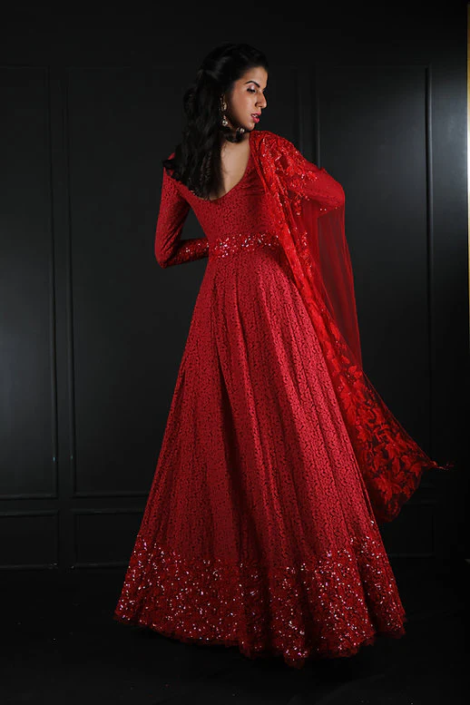 Hand Embroidered Red Lace Anarkali - Image 4