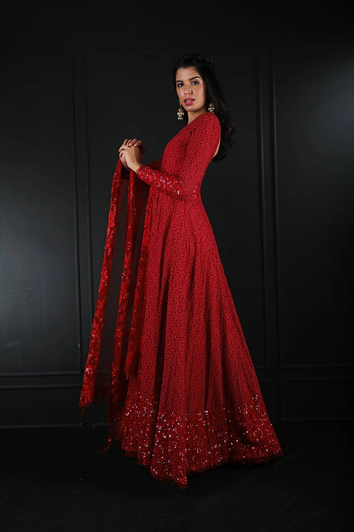 Hand Embroidered Red Lace Anarkali - Image 5