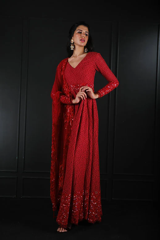 Hand Embroidered Red Lace Anarkali - Image 6