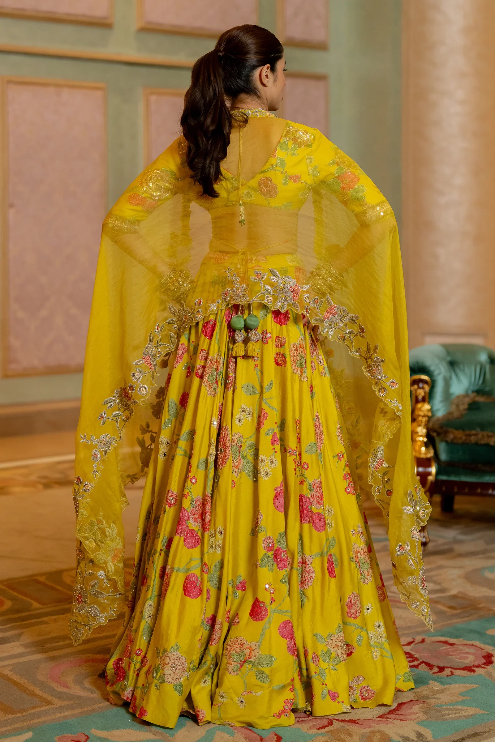 Hand Embroidery Lime Yellow Lehenga Set - Image 3
