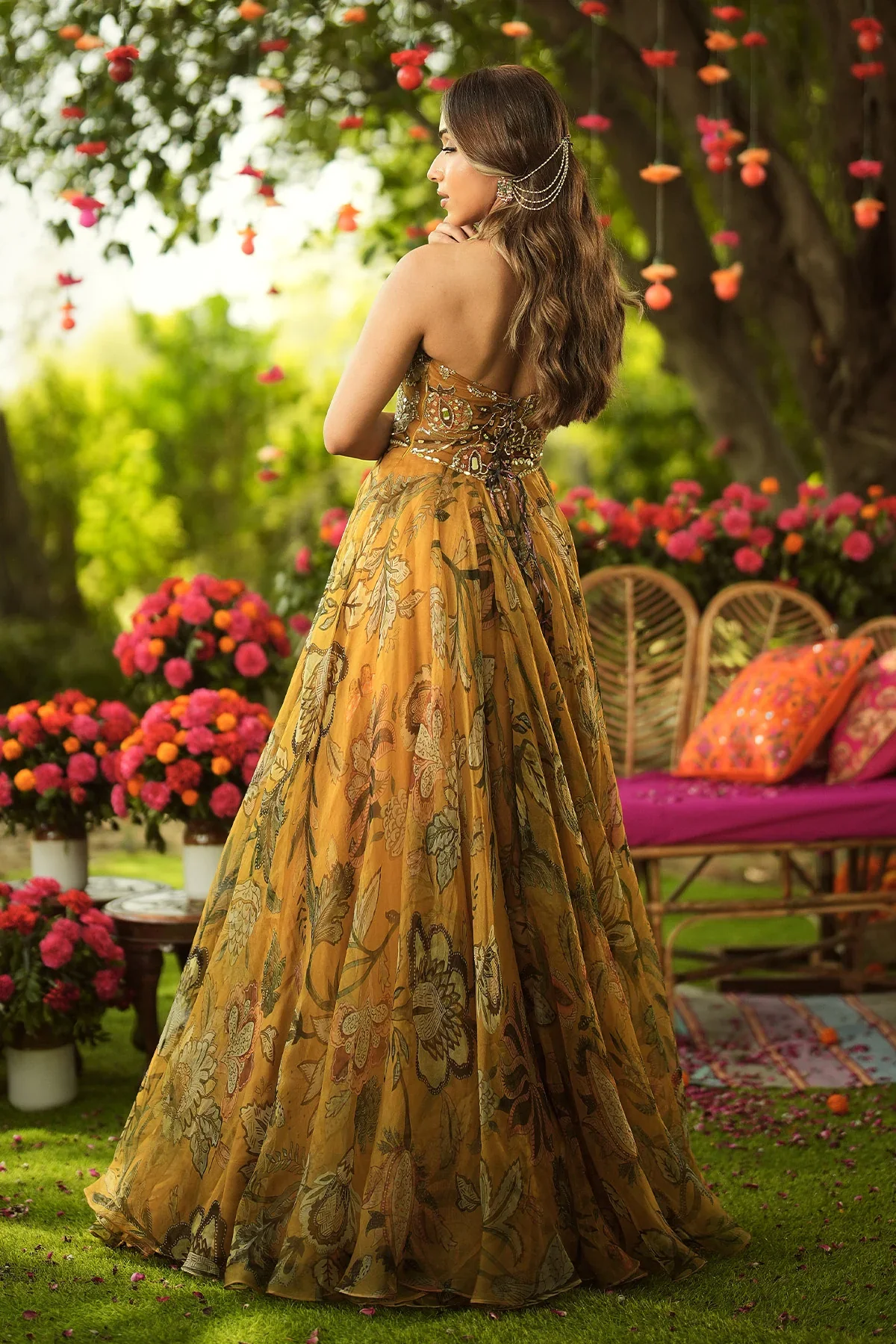 HAYA - Halter Neck Ruched Anarkali With Embroidered Dupatta - Image 10