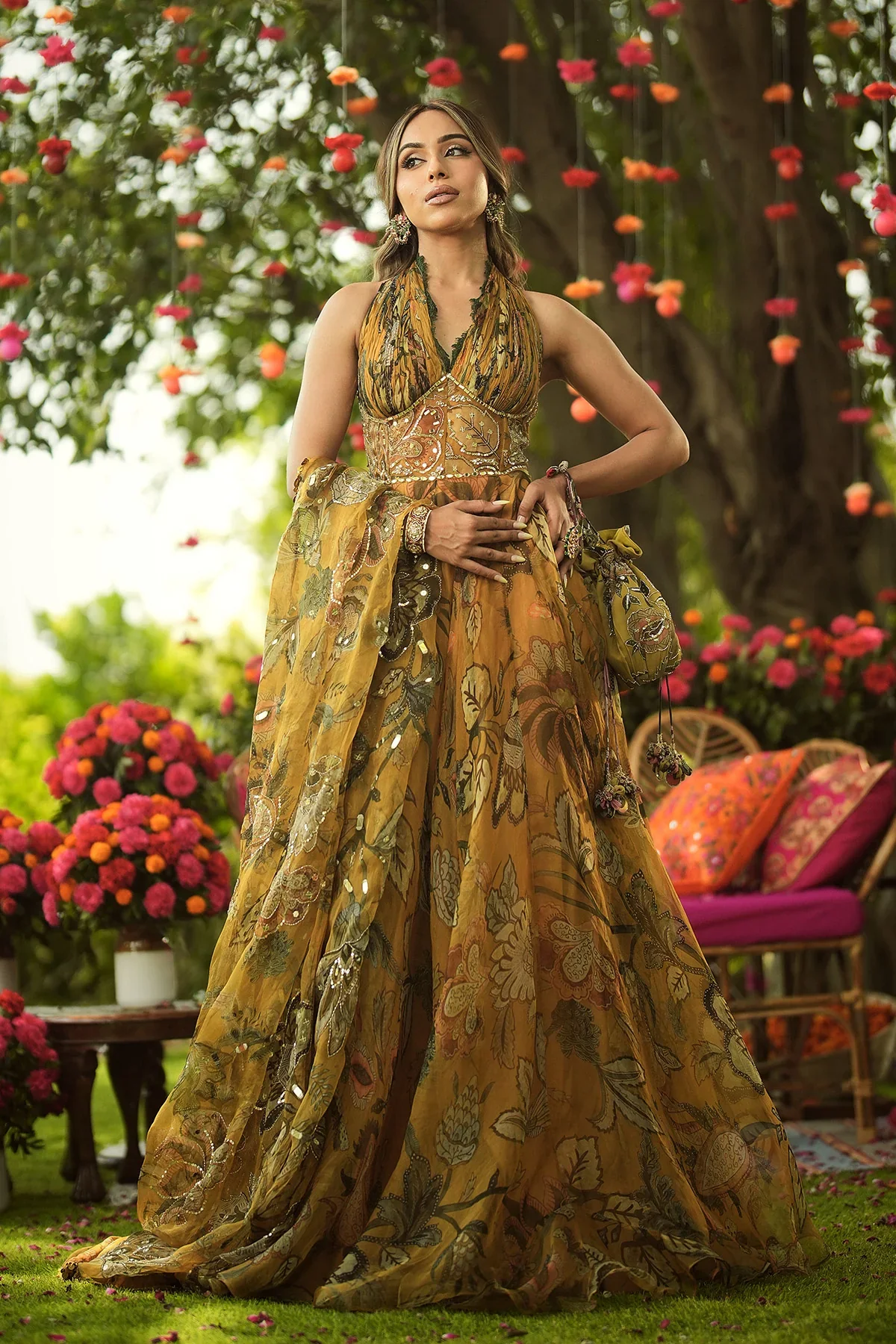 HAYA - Halter Neck Ruched Anarkali With Embroidered Dupatta - Image 3