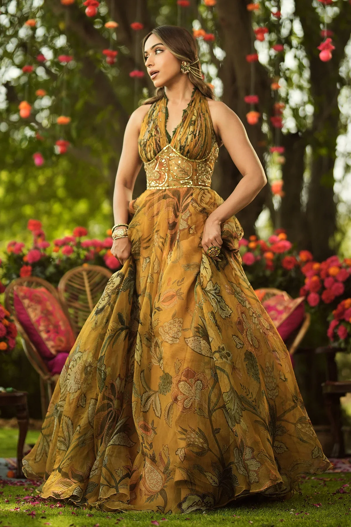 HAYA - Halter Neck Ruched Anarkali With Embroidered Dupatta - Image 4