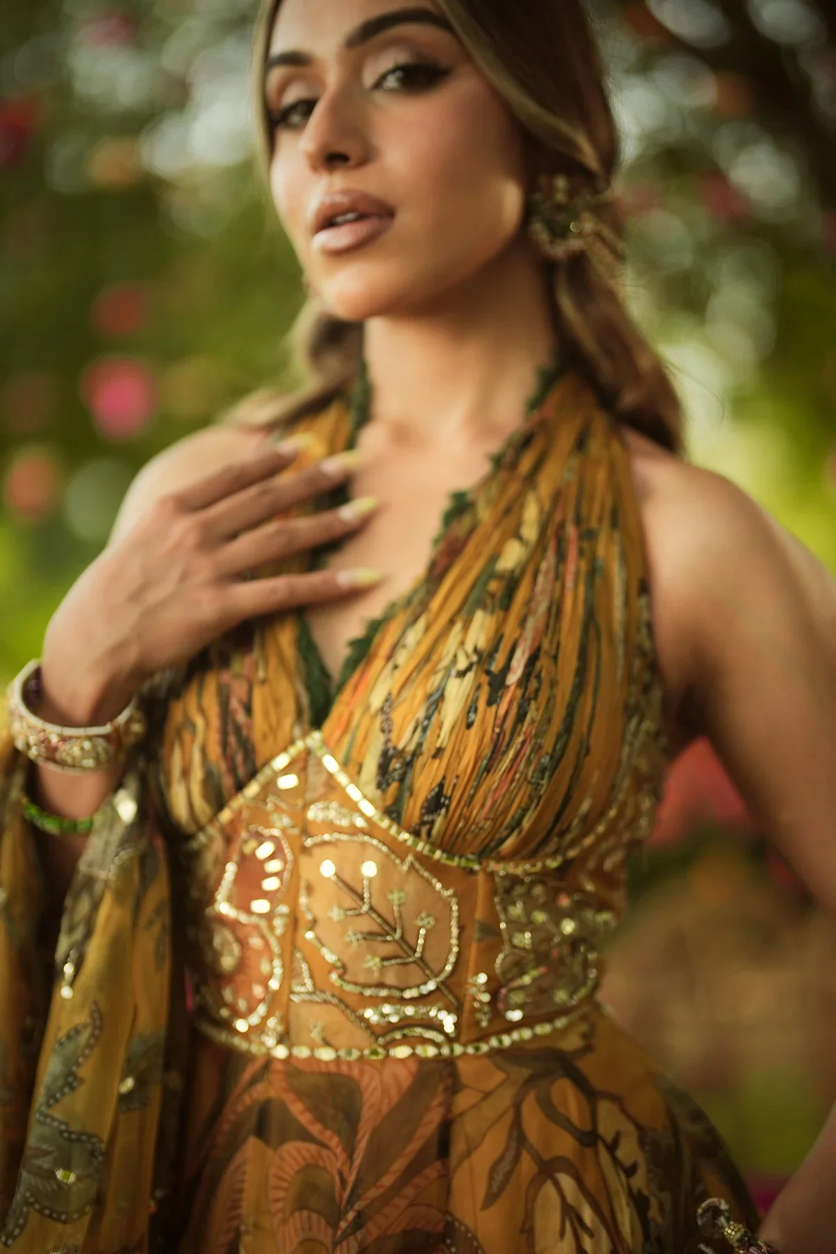 HAYA - Halter Neck Ruched Anarkali With Embroidered Dupatta - Image 7