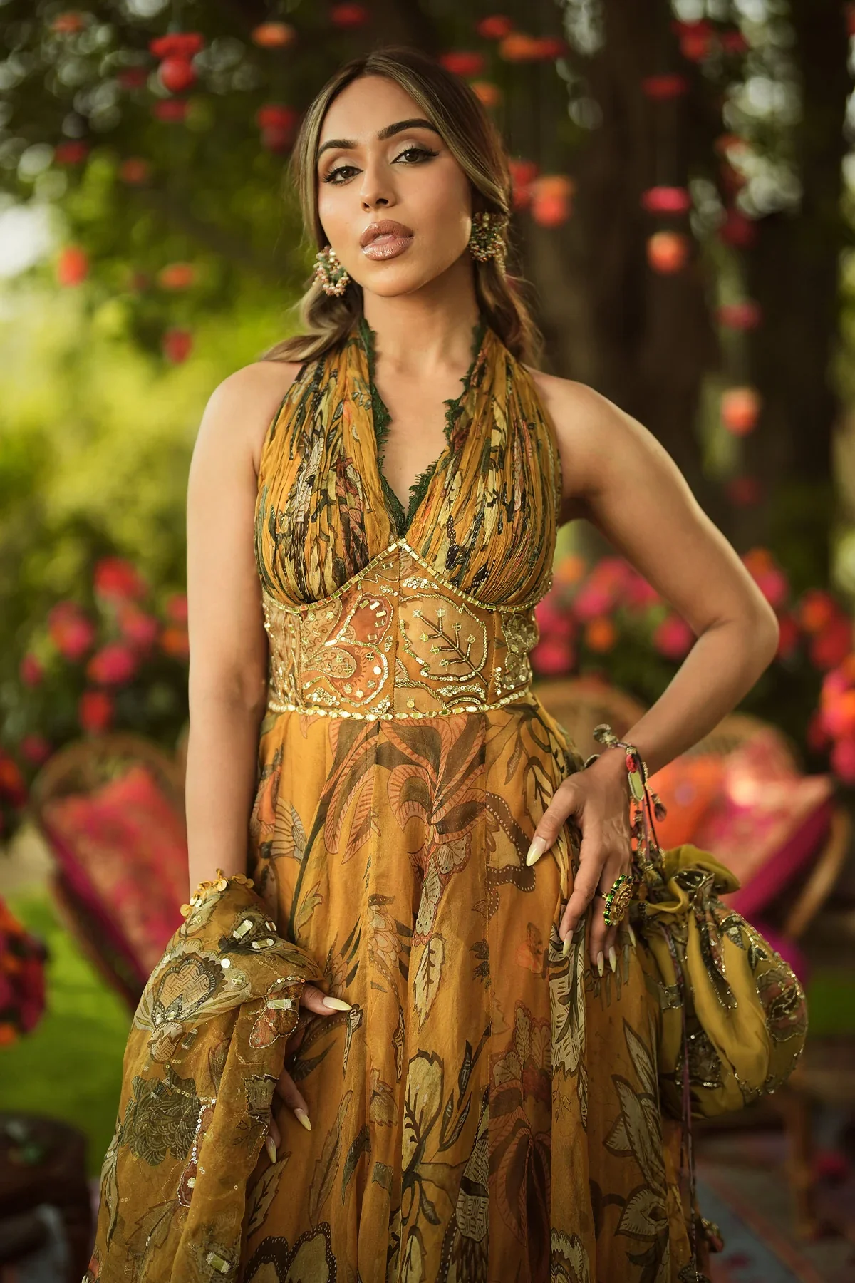 HAYA - Halter Neck Ruched Anarkali With Embroidered Dupatta - Image 8