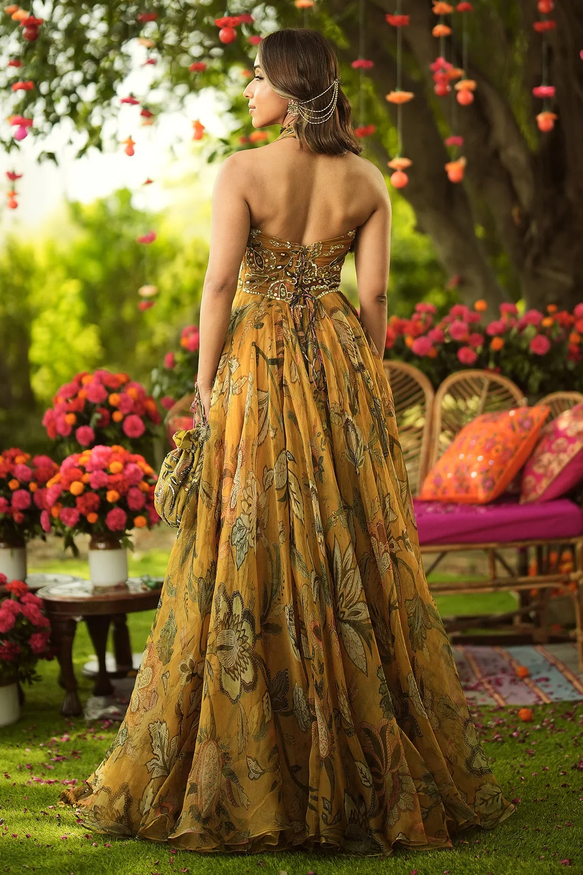 HAYA - Halter Neck Ruched Anarkali With Embroidered Dupatta - Image 9