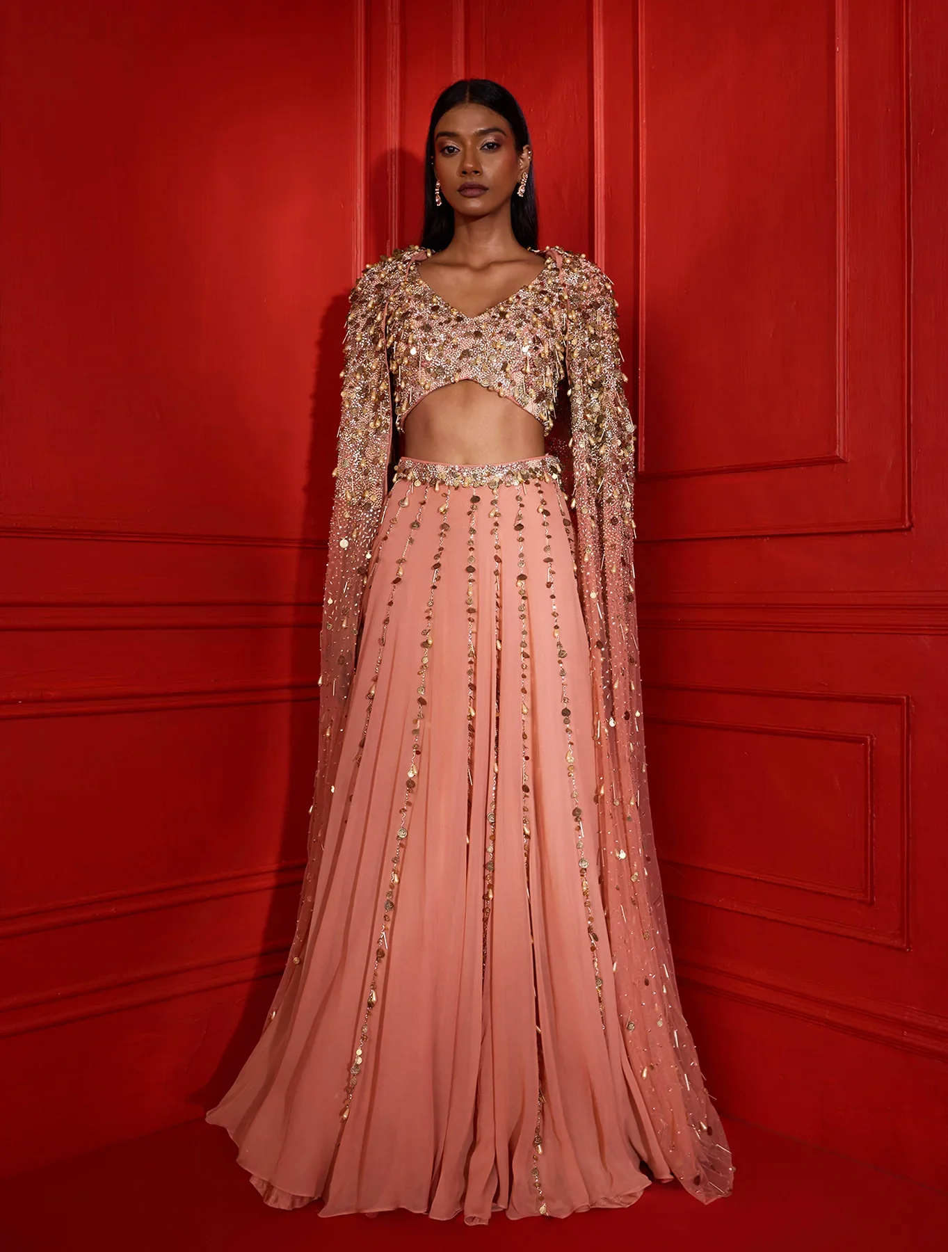 HERRA - Dusty Peach Flowy Lehenga hand Embellished Coin & Pearl - Image 2
