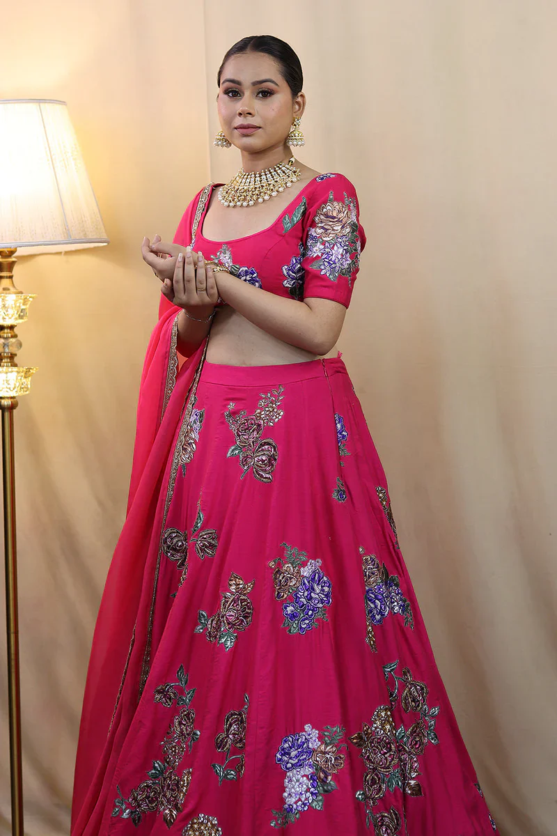 Hot Pink Applique Lehenga Set - Image 2