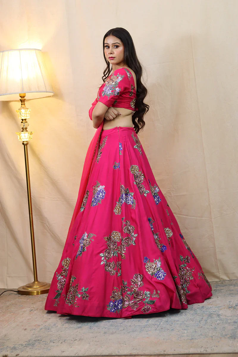 Hot Pink Applique Lehenga Set - Image 3