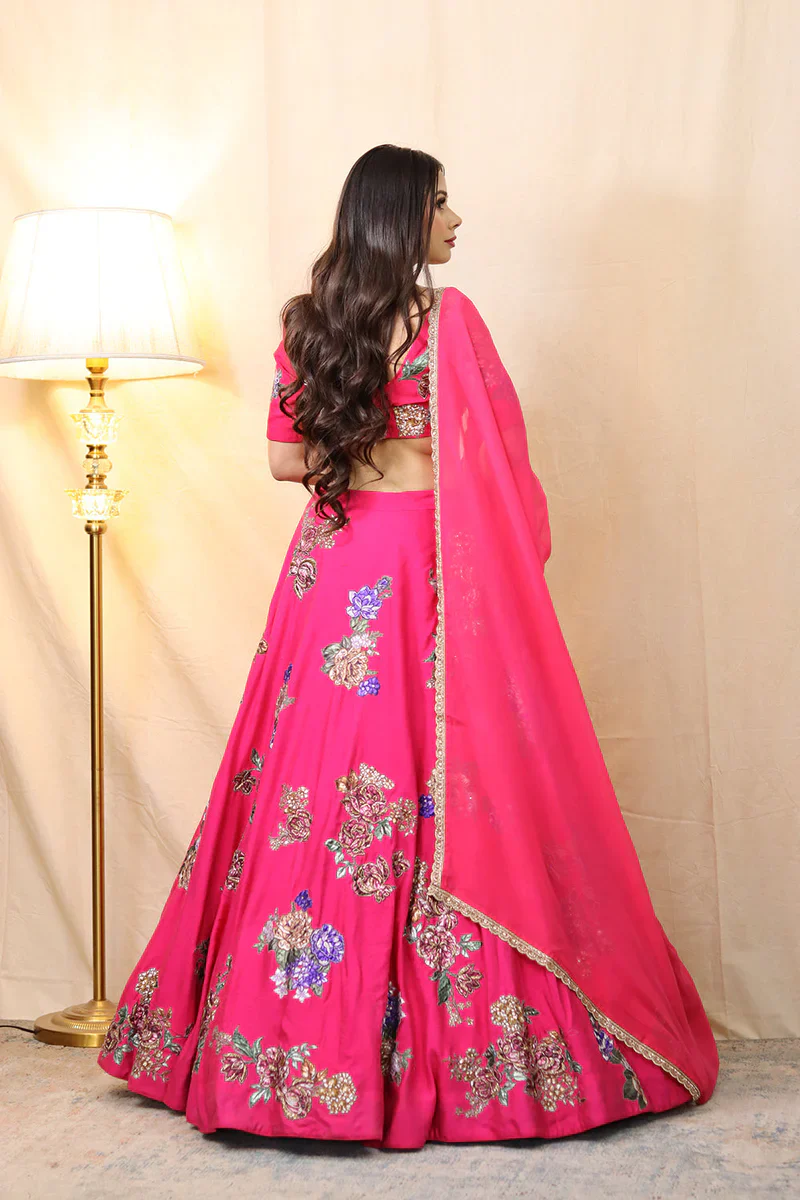 Hot Pink Applique Lehenga Set - Image 4
