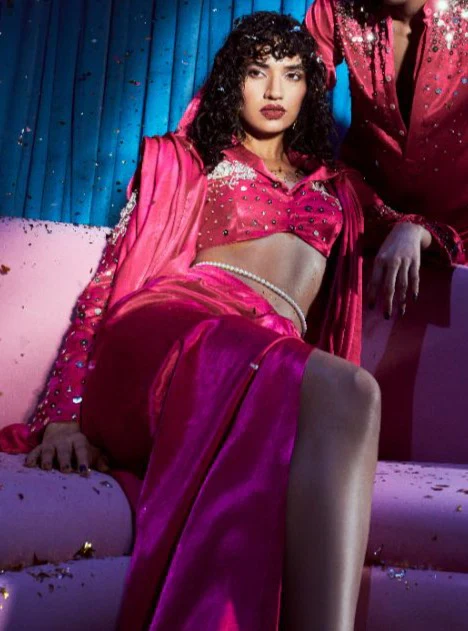 Hot Pink Emboriderd Blazer With Hot Pink Dape Skirt - Image 2