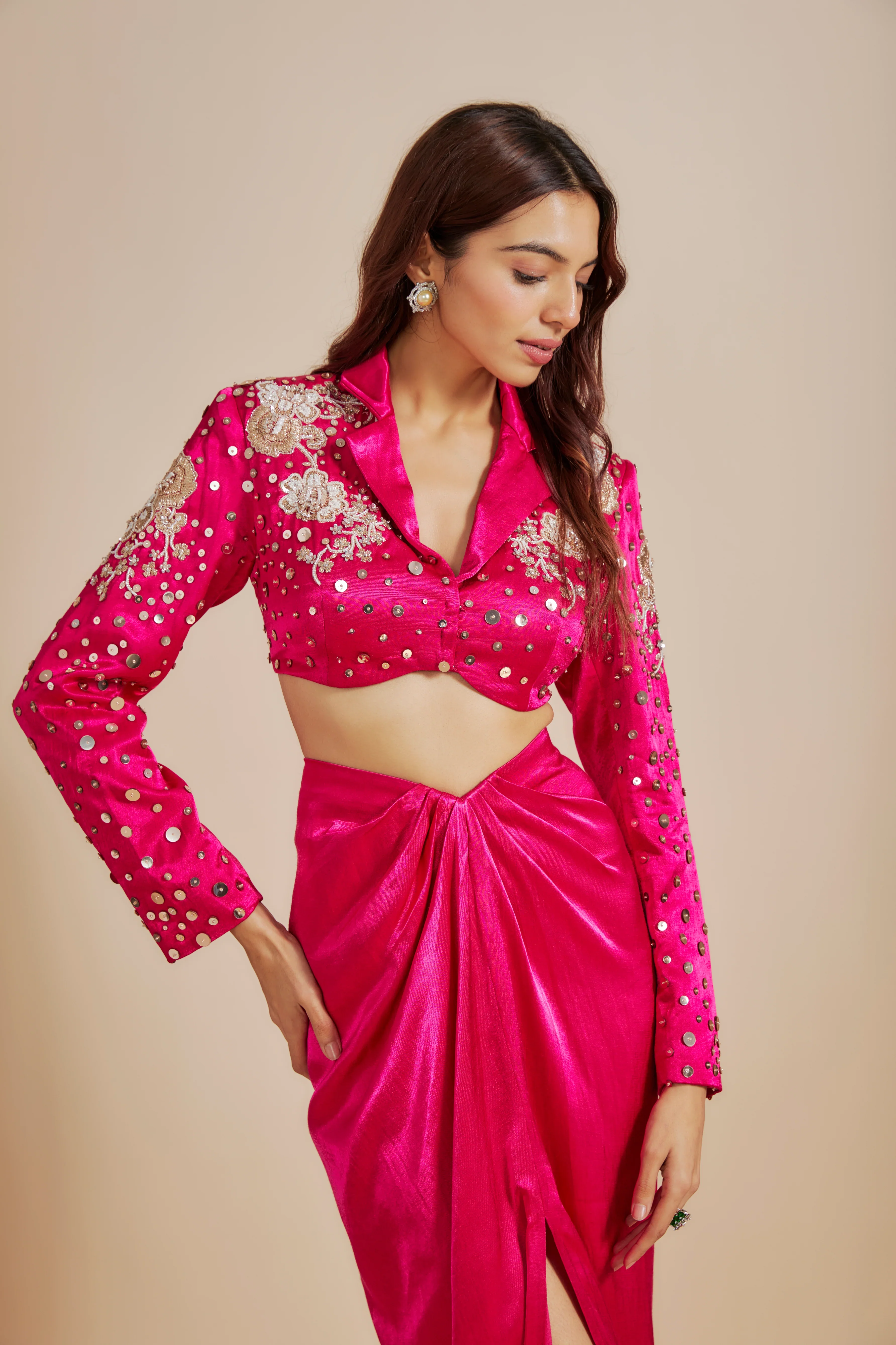 Hot Pink Emboriderd Blazer With Hot Pink Dape Skirt - Image 3