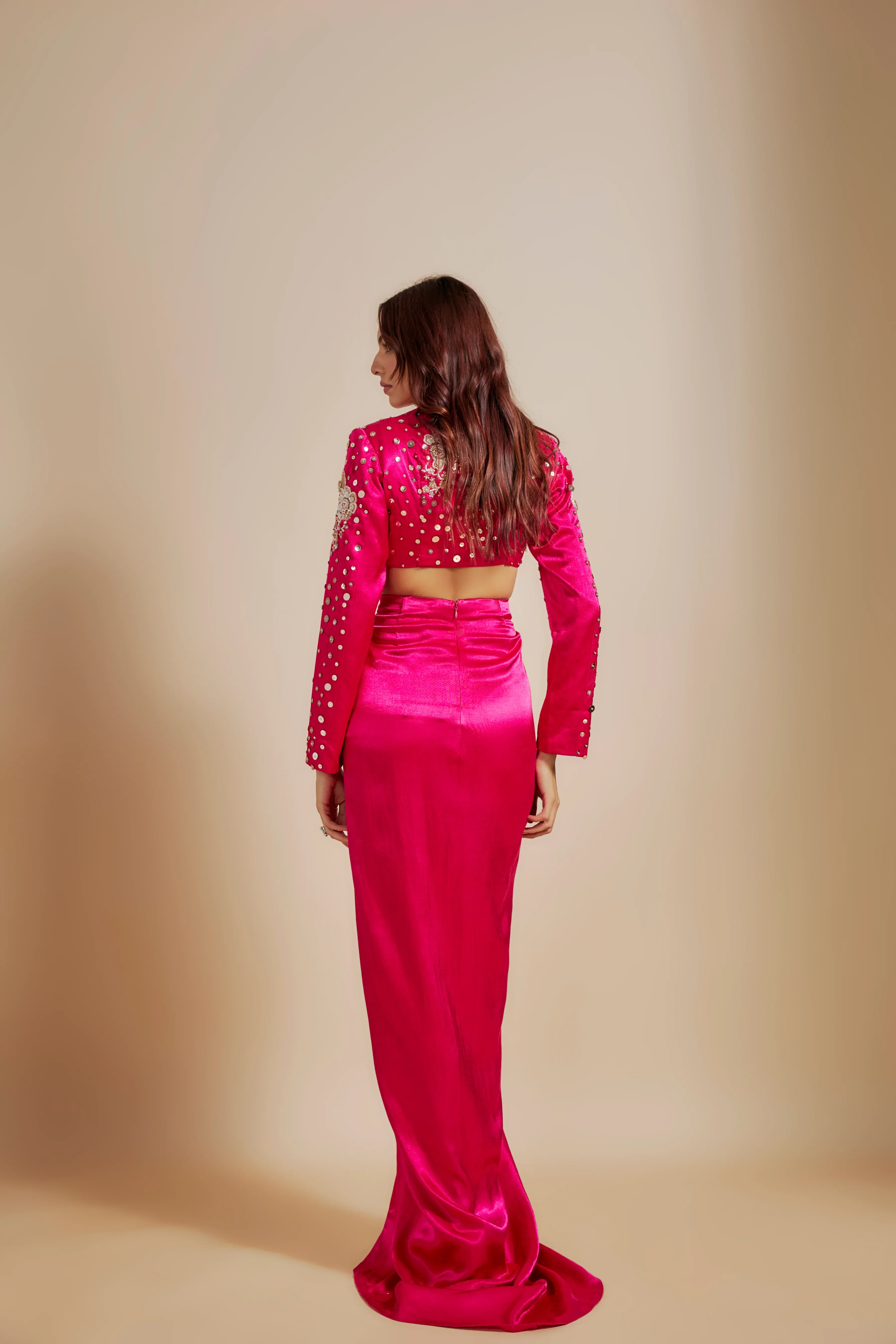 Hot Pink Emboriderd Blazer With Hot Pink Dape Skirt - Image 4