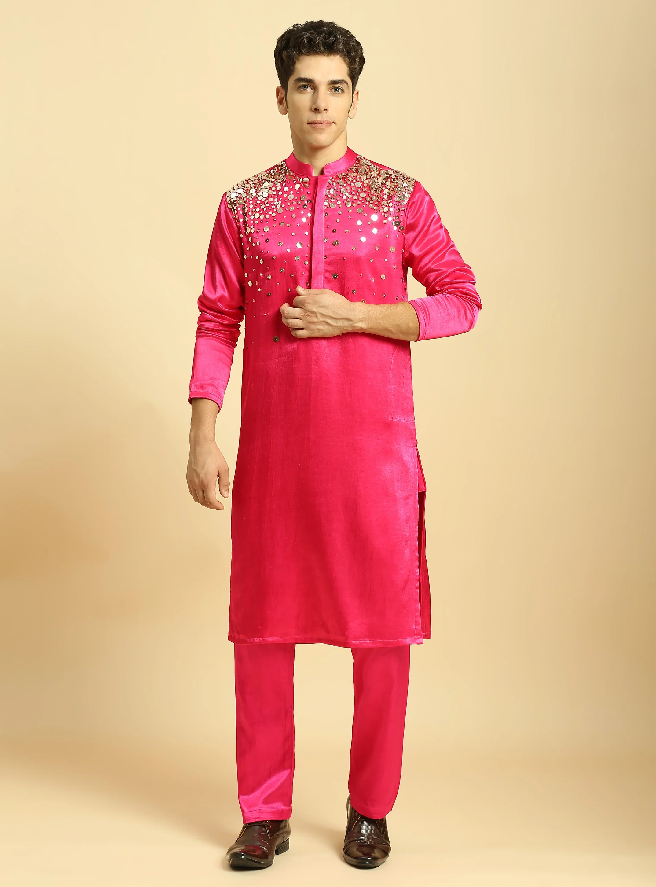 Hot Pink Embroiderd Kurta With Pant
