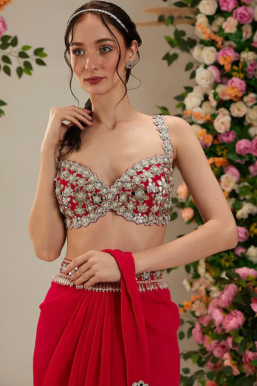 Hot Pink Georgette Draped Saree Set - Image 2