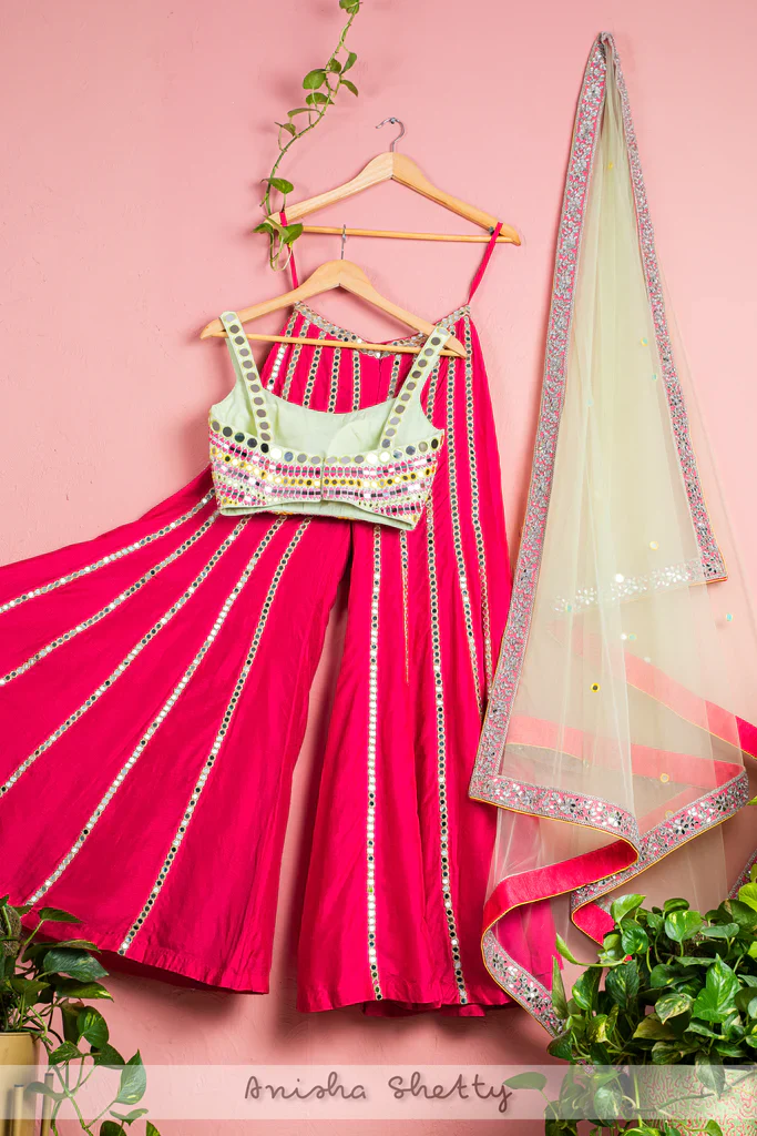 Hot Pink Mirror Flared Sharara With Green Chantily Multicolor Mirrorwork Blouse & Dupatta - Image 3