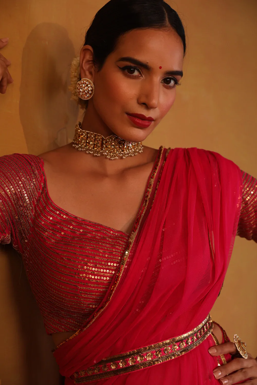 Hot Pink Net Saree With Belt - Image 3