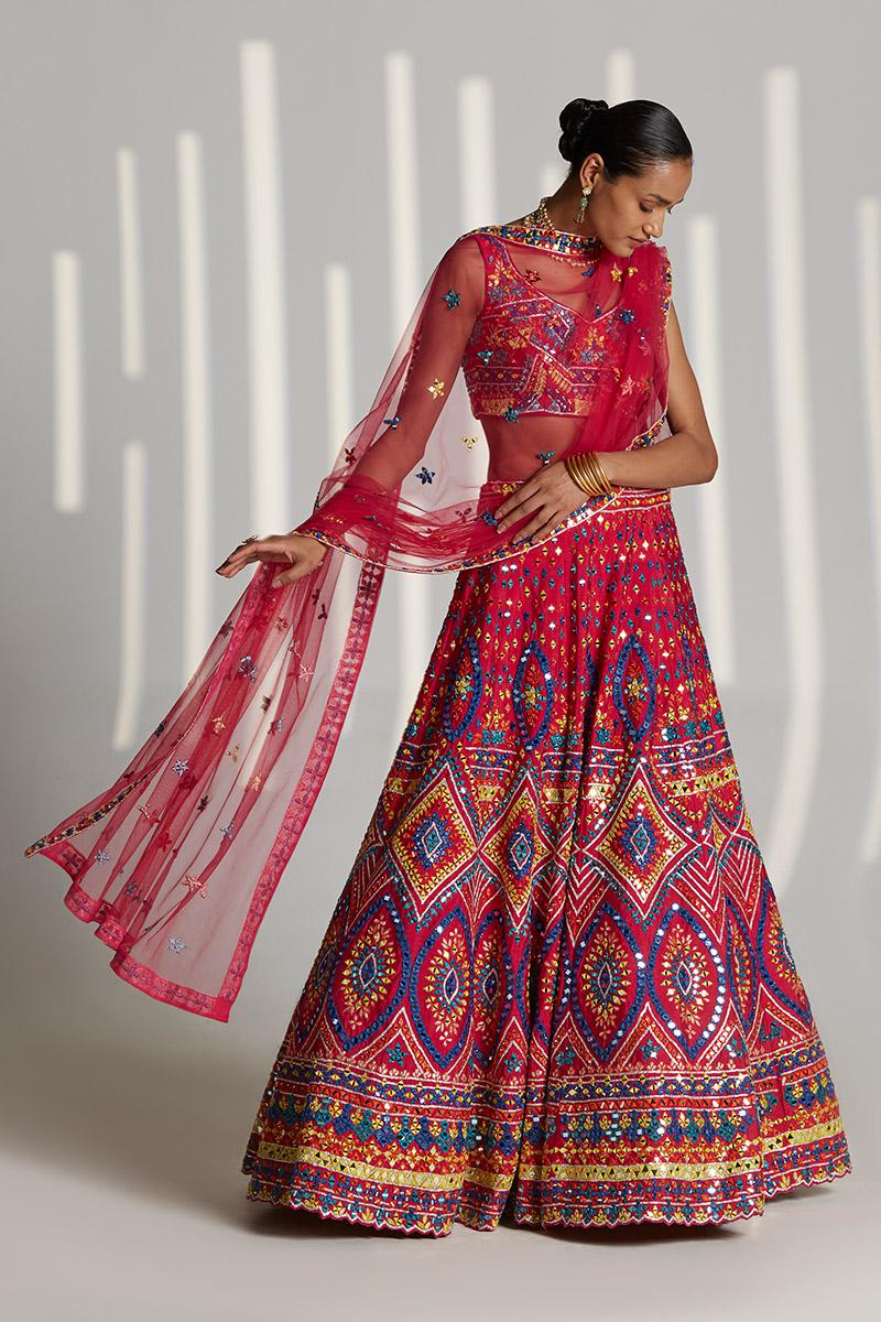 Hot Pink Raw Silk Mirror Lehenga Set - Image 2