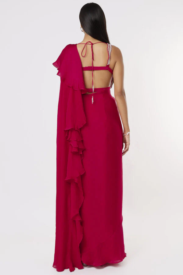 Hot Pink Ruffle Saree - Image 2