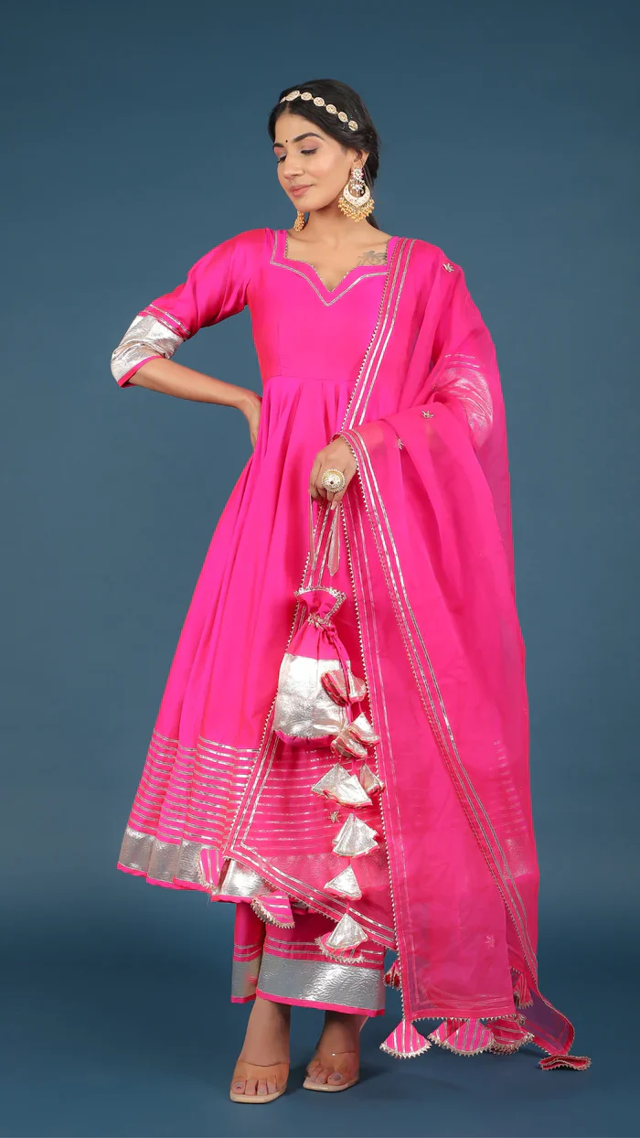 Hot pink taffeta silk anarkali set with potli