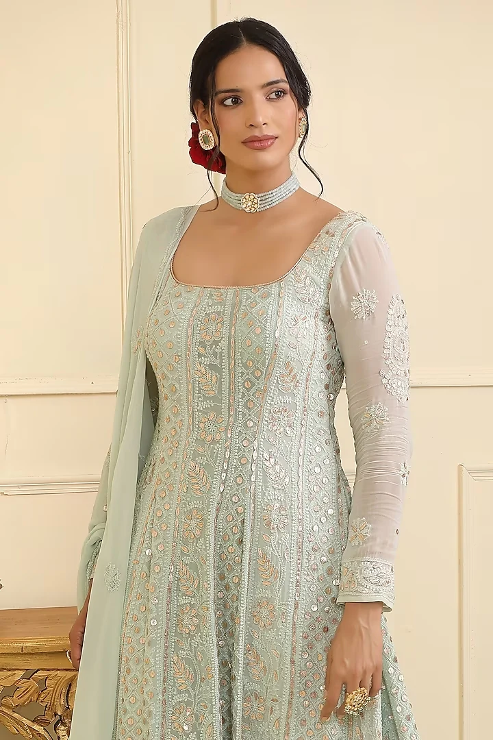 Ice Blue Georgette Chikankari Embellished Anarkali Set - Image 3