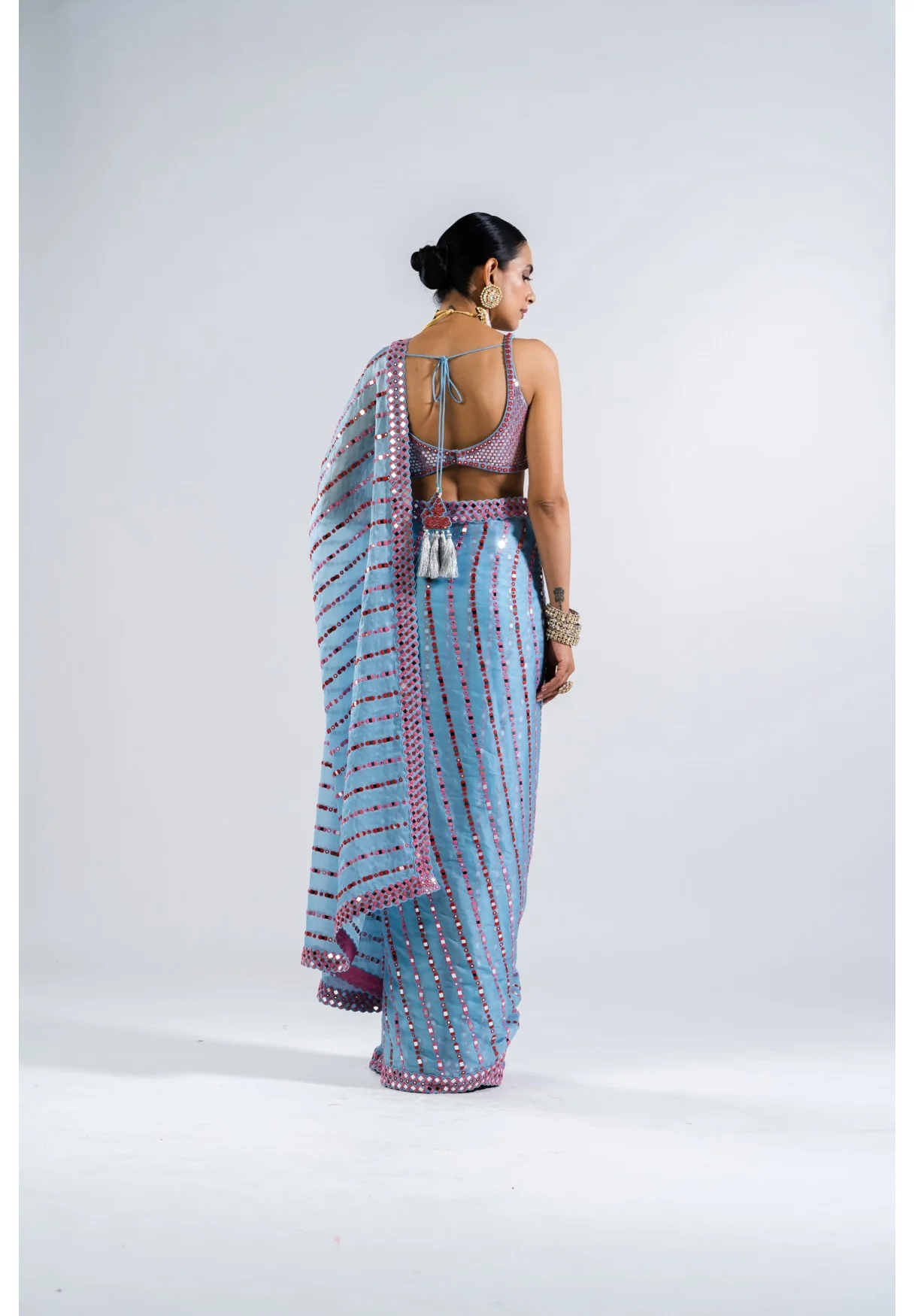 Ice Blue Heavy Mirror Work Saree With Metallic Blouse - Image 2