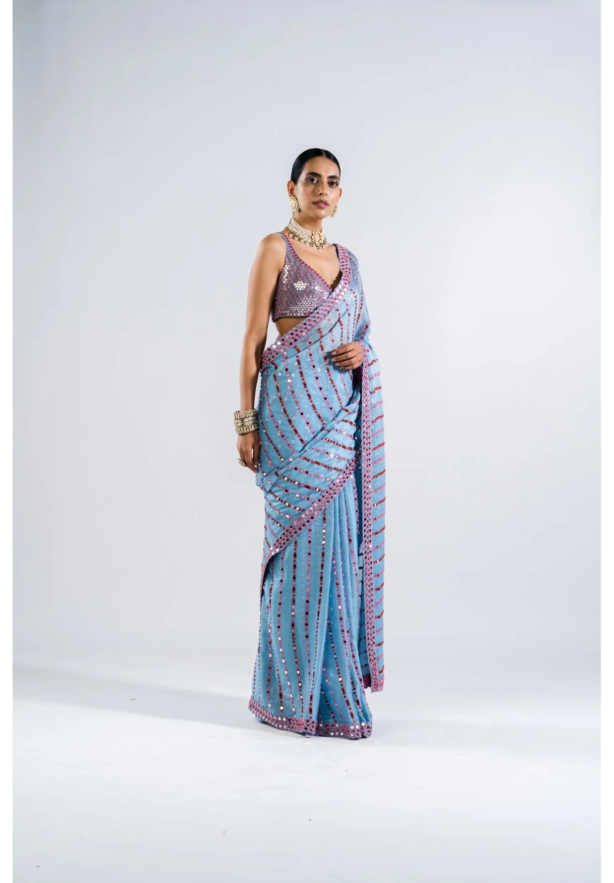 Ice Blue Heavy Mirror Work Saree With Metallic Blouse - Image 3