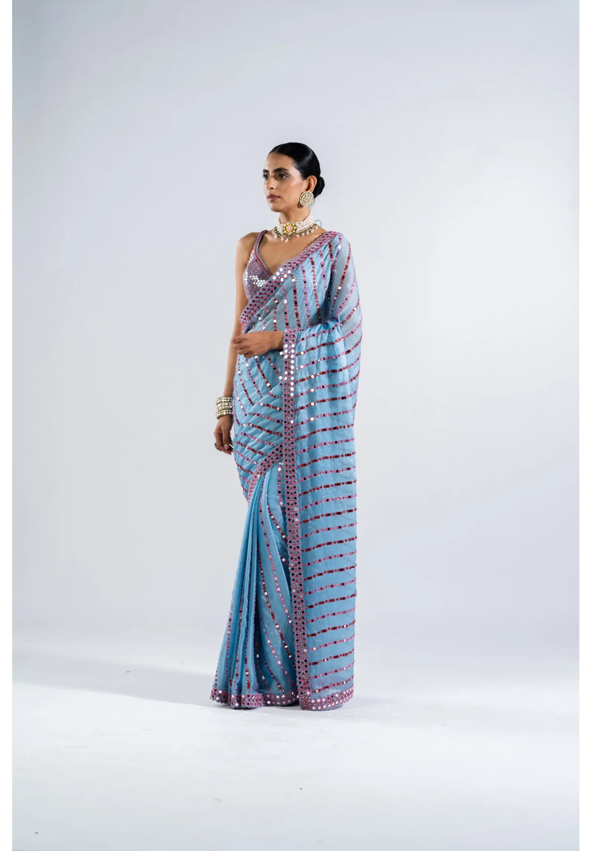 Ice Blue Heavy Mirror Work Saree With Metallic Blouse - Image 4