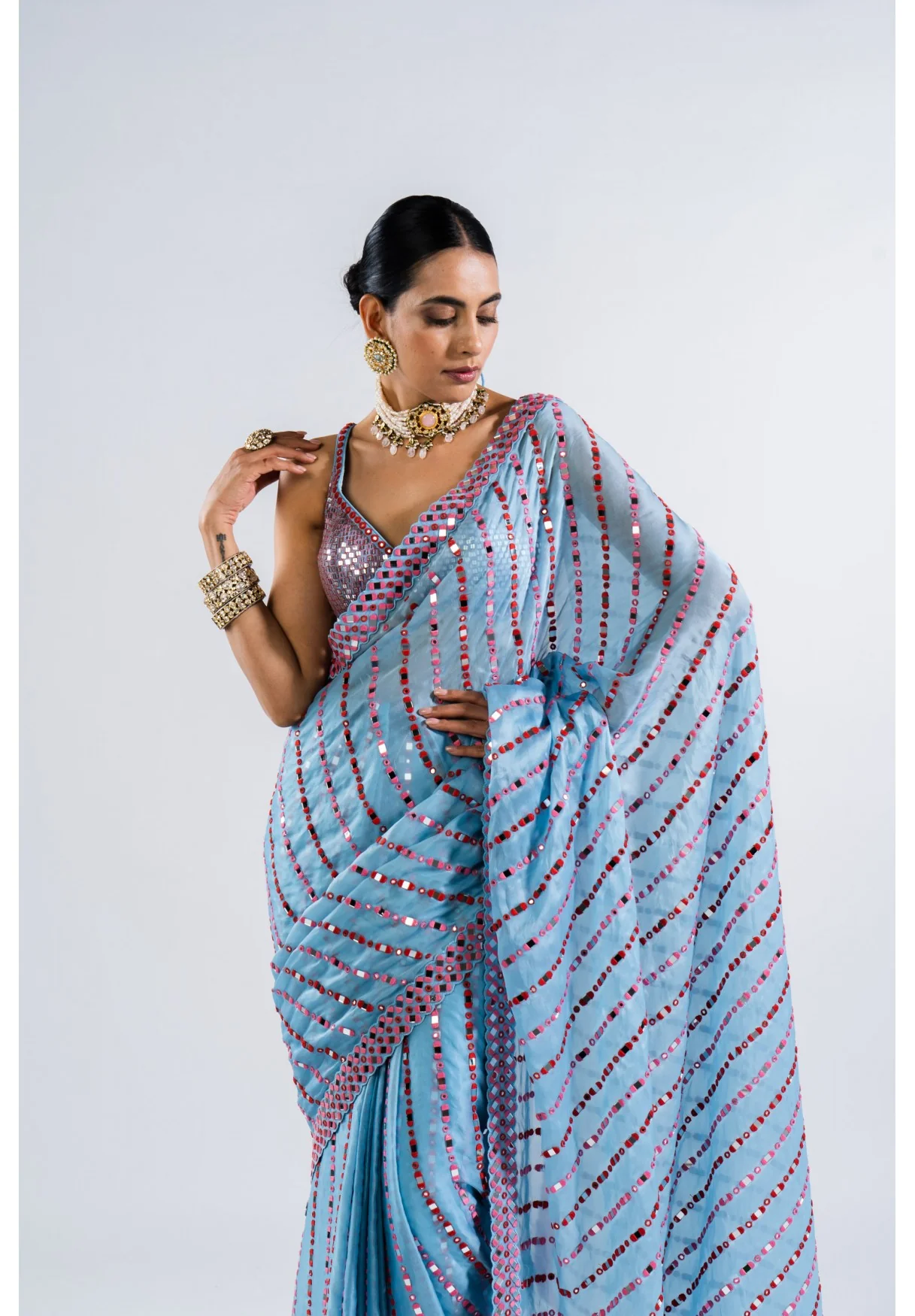 Ice Blue Heavy Mirror Work Saree With Metallic Blouse - Image 5