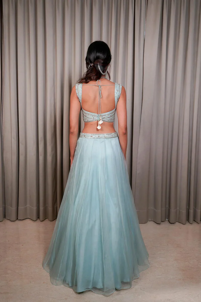 Ice Blue Lehenga Set With Sequined Work Blouse - Image 11