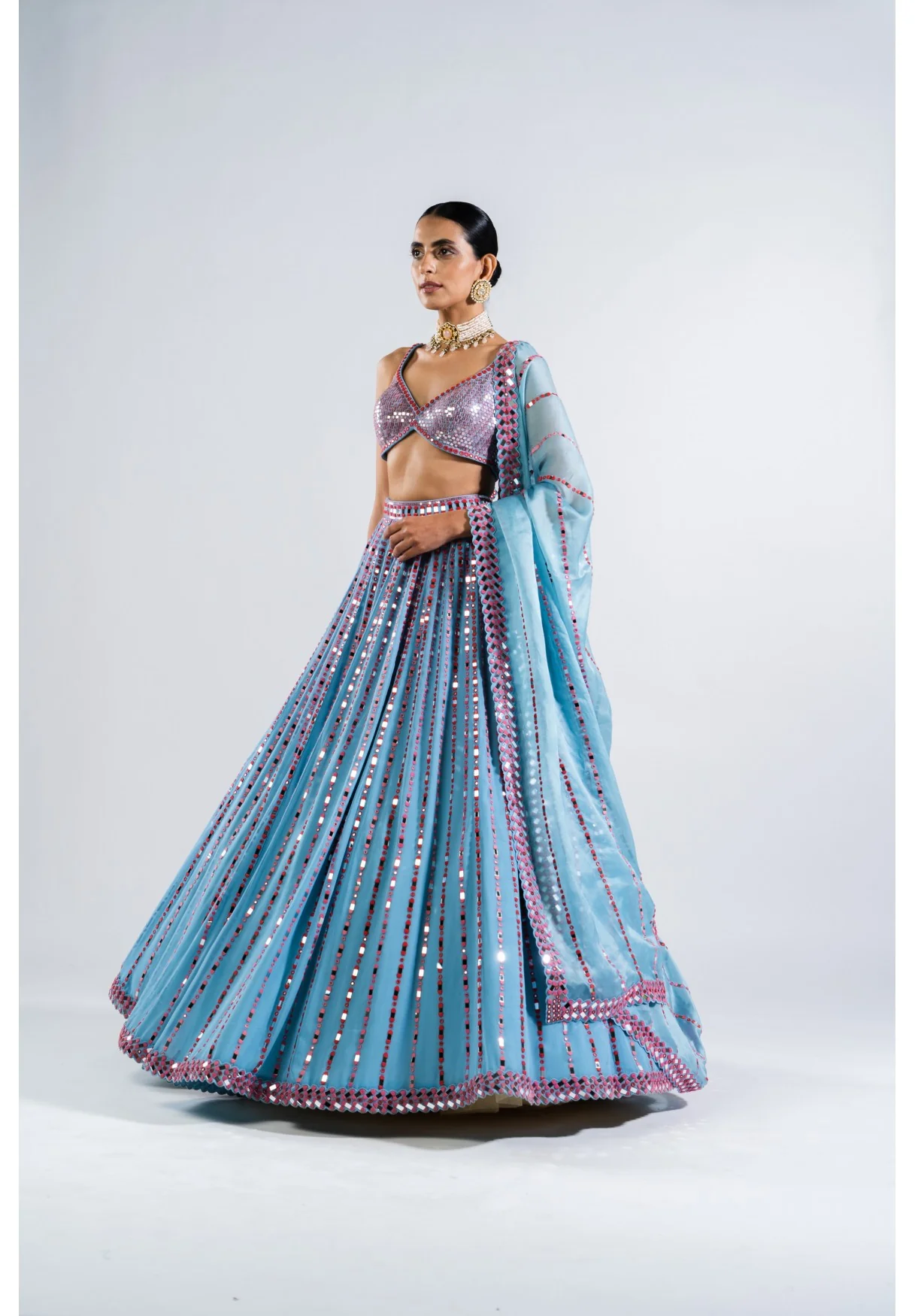 Ice Blue Linear Drop Lehenga With Metallic Blouse - Image 5