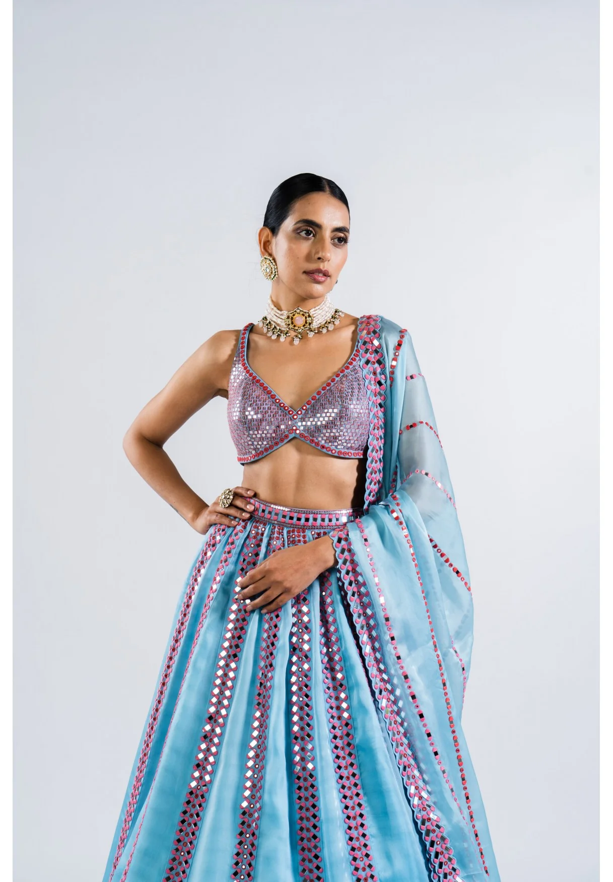 Ice Blue Mirror Seam Lehenga Set - Image 3