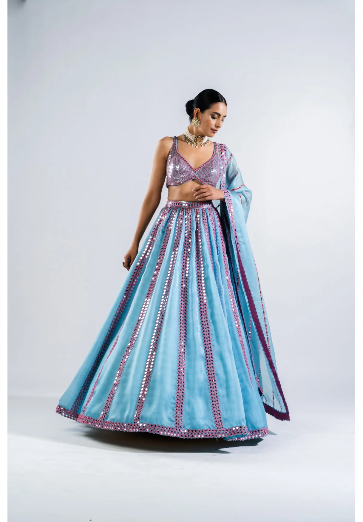 Ice Blue Mirror Seam Lehenga Set - Image 4