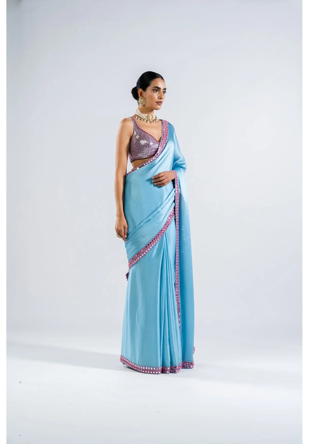 Ice Blue Satin Chiffon Saree Set - Image 3