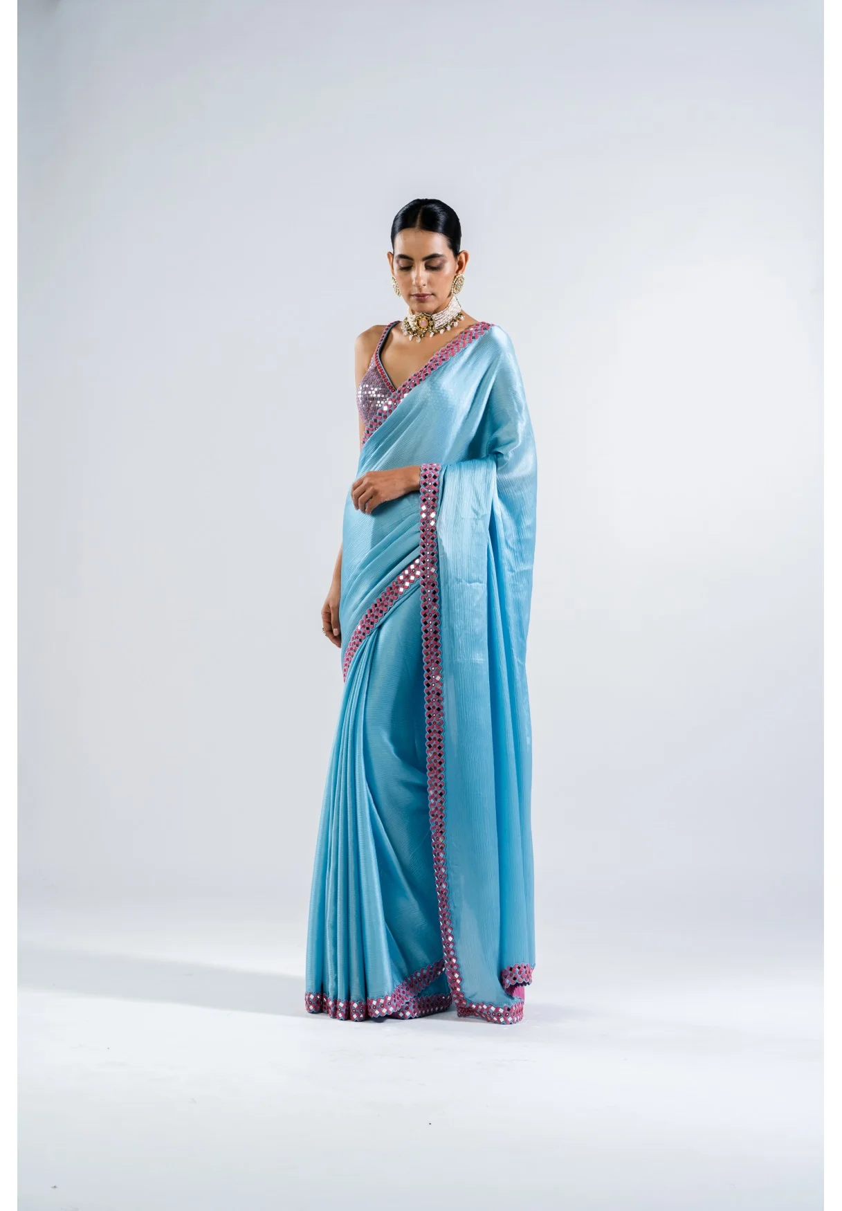 Ice Blue Satin Chiffon Saree Set - Image 4