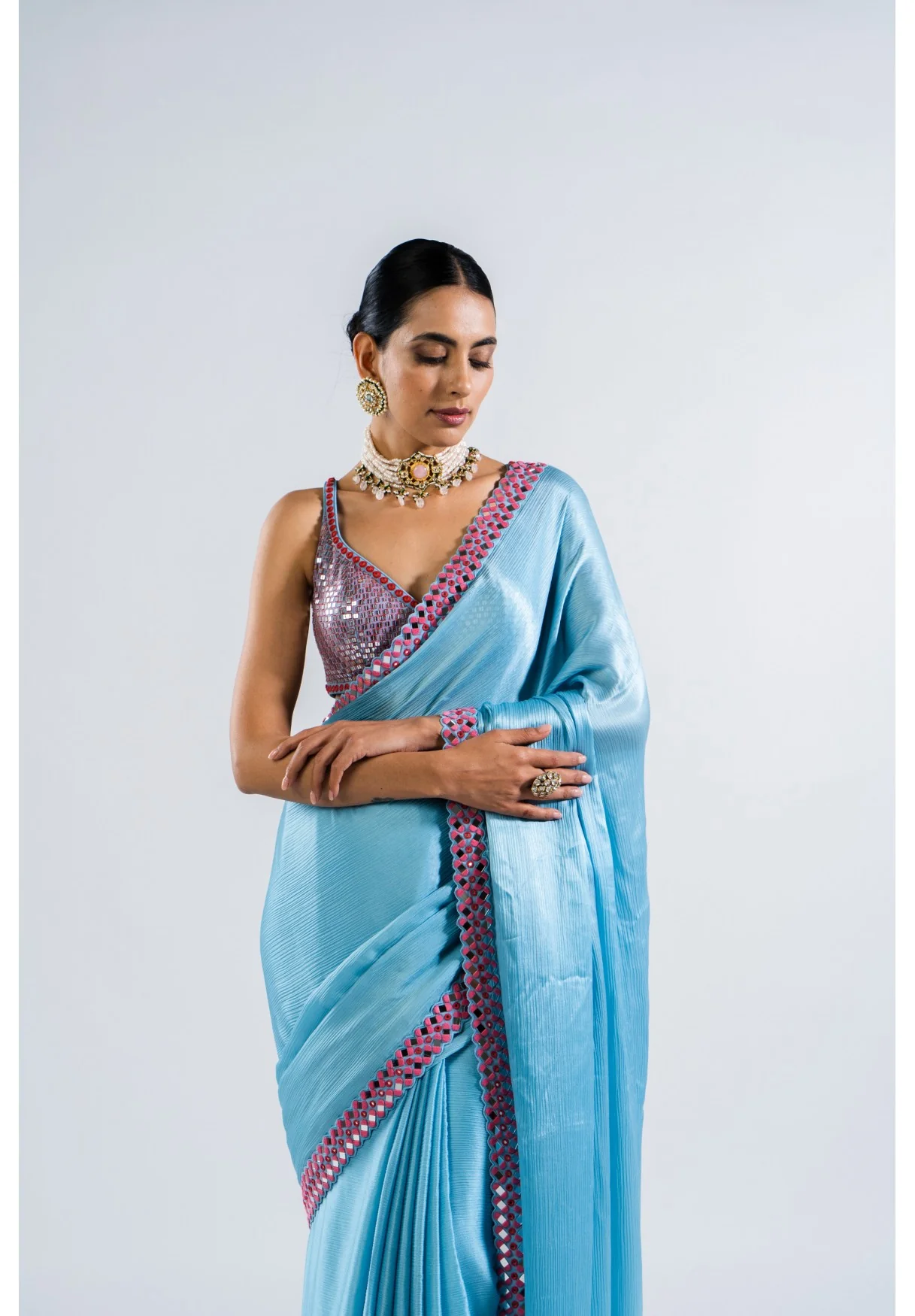 Ice Blue Satin Chiffon Saree Set - Image 5