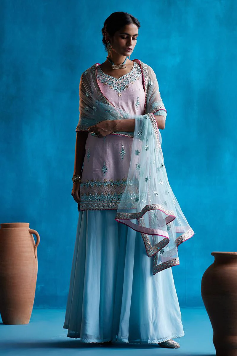 Ice Blue Sharara With Pink Kurta - Image 3