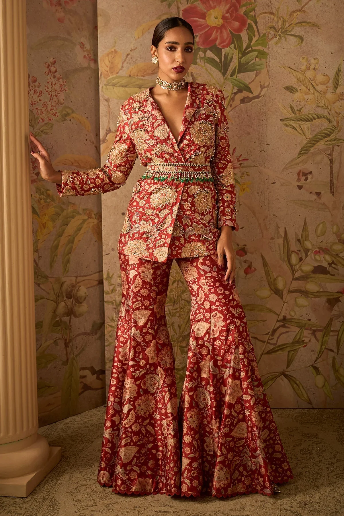 ICON - Red Printed Raw Silk Embroidered Jacket Pants