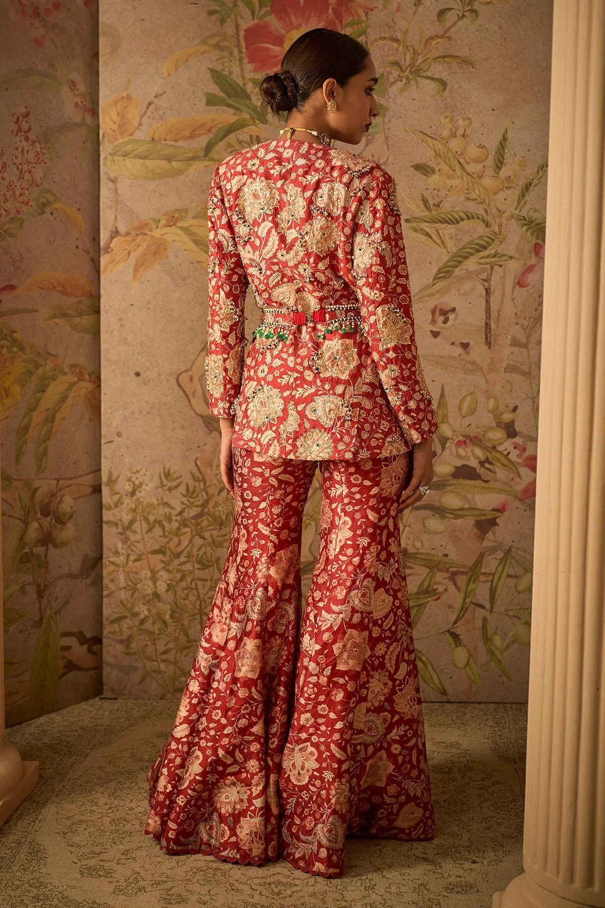 ICON - Red Printed Raw Silk Embroidered Jacket Pants - Image 6