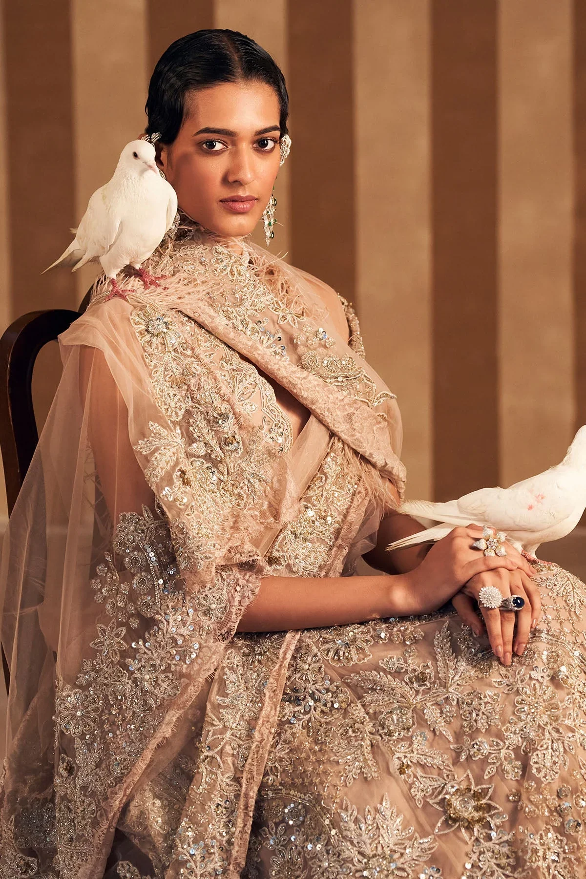 Inaara - Champagne Net Embroidered Lehenga With Feather Detailing - Image 2