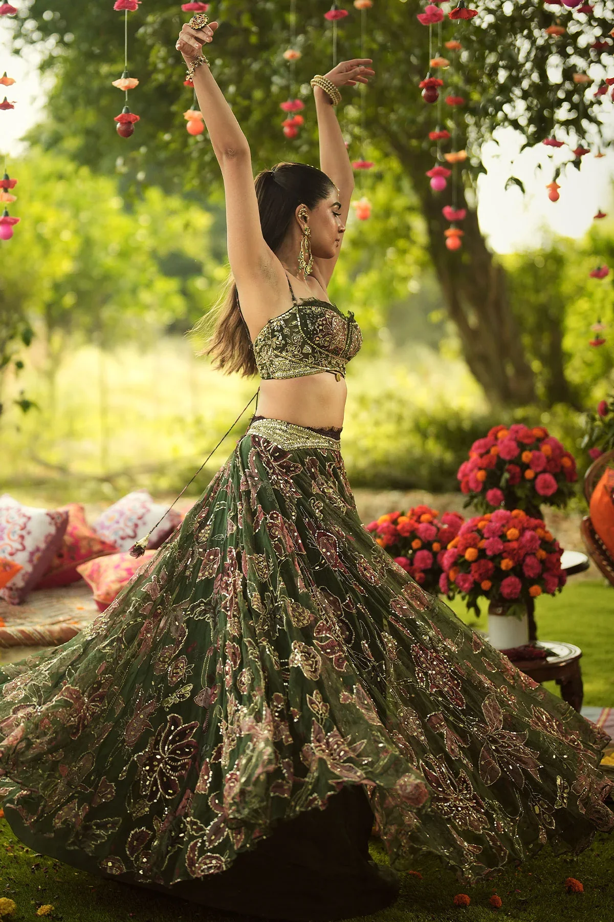 INAYAT - Hand Embroidered Bralette Lehenga With Lace Detailing Dupatta - Image 4