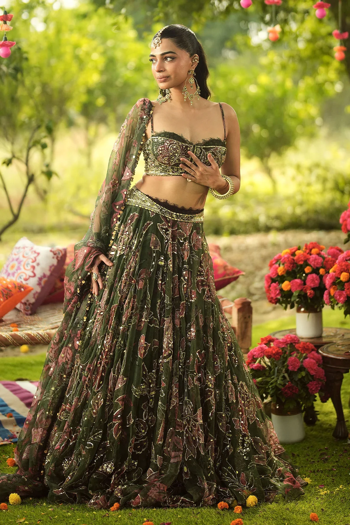 INAYAT - Hand Embroidered Bralette Lehenga With Lace Detailing Dupatta - Image 5