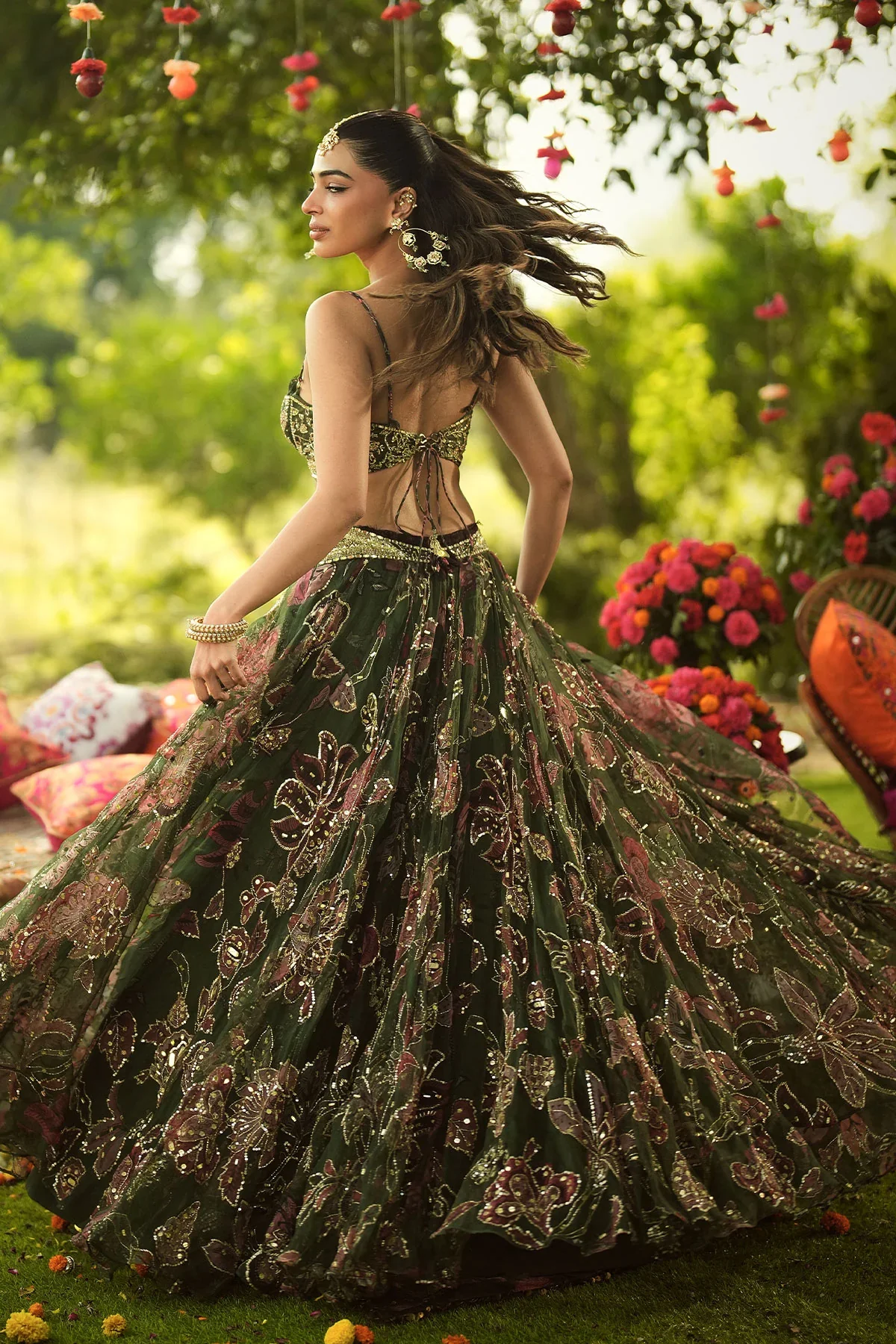 INAYAT - Hand Embroidered Bralette Lehenga With Lace Detailing Dupatta - Image 9