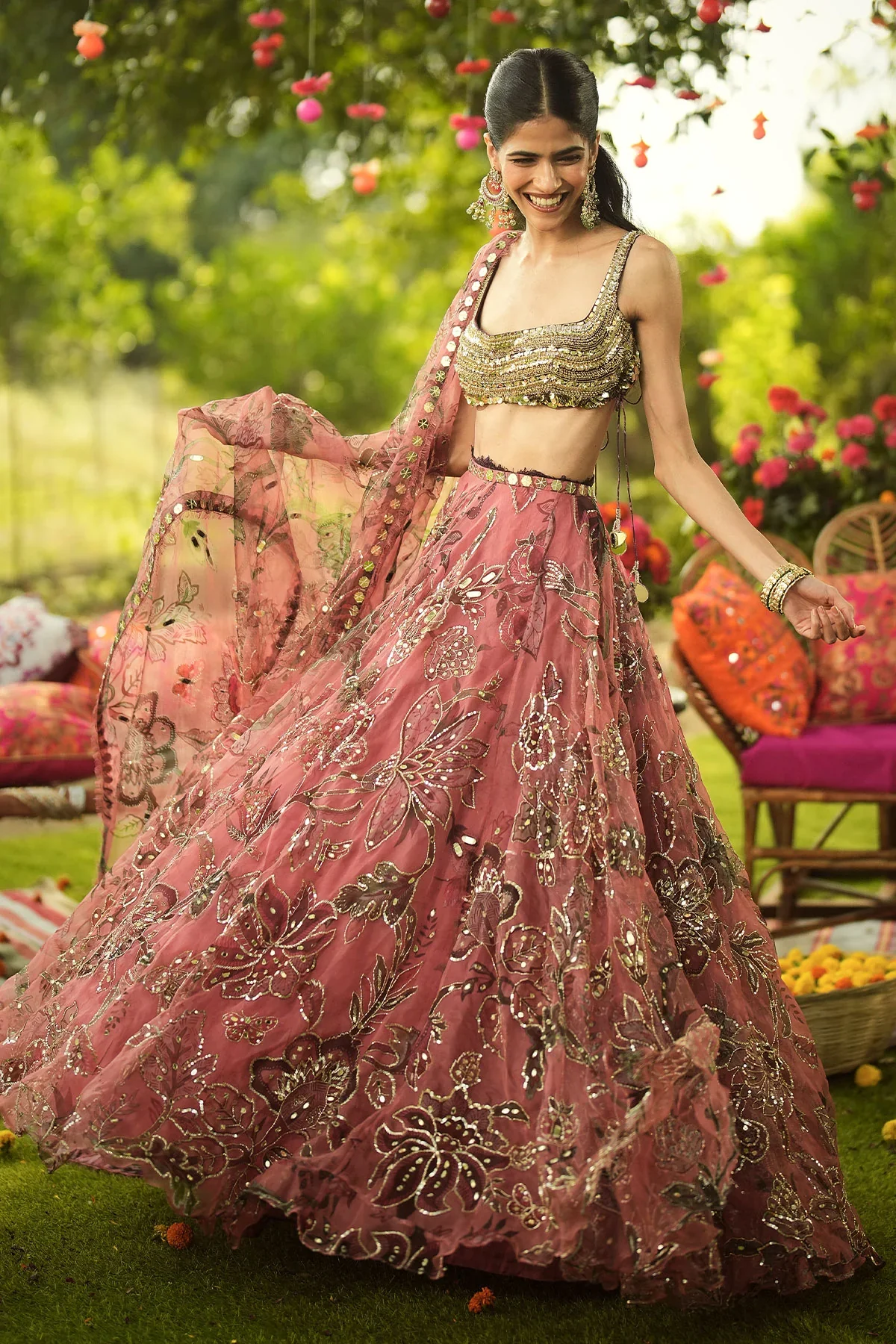 ISHA - Hand Embroidered Blouse And Dupatta With Lace Detailing Lehenga - Image 2