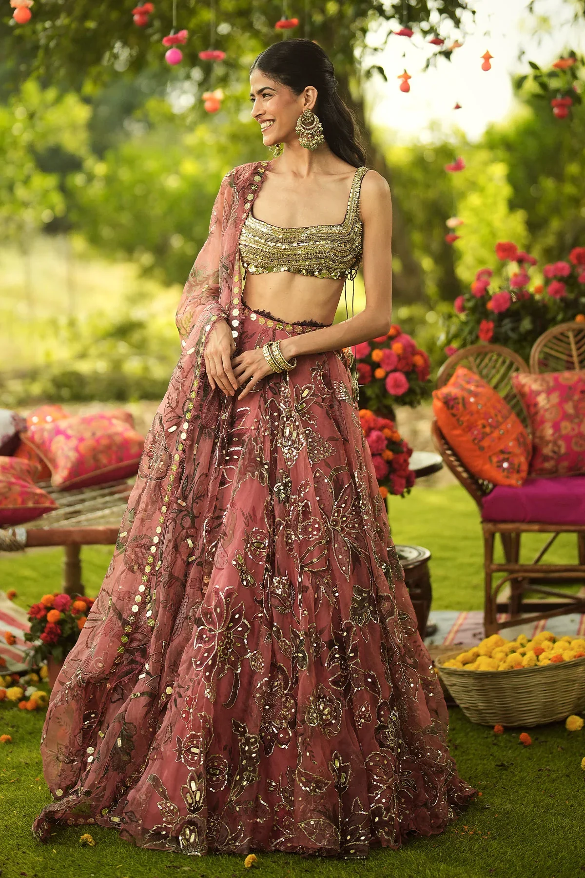 ISHA - Hand Embroidered Blouse And Dupatta With Lace Detailing Lehenga - Image 3