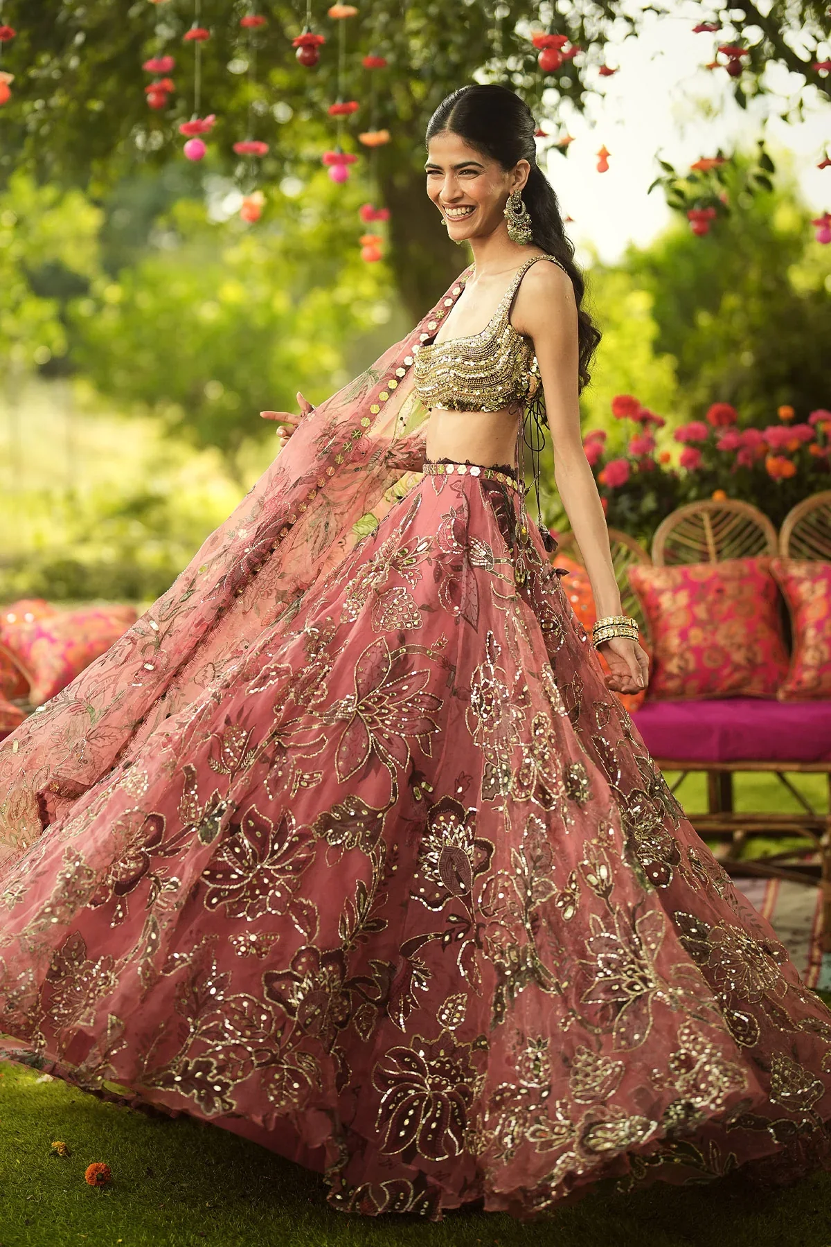 ISHA - Hand Embroidered Blouse And Dupatta With Lace Detailing Lehenga - Image 4