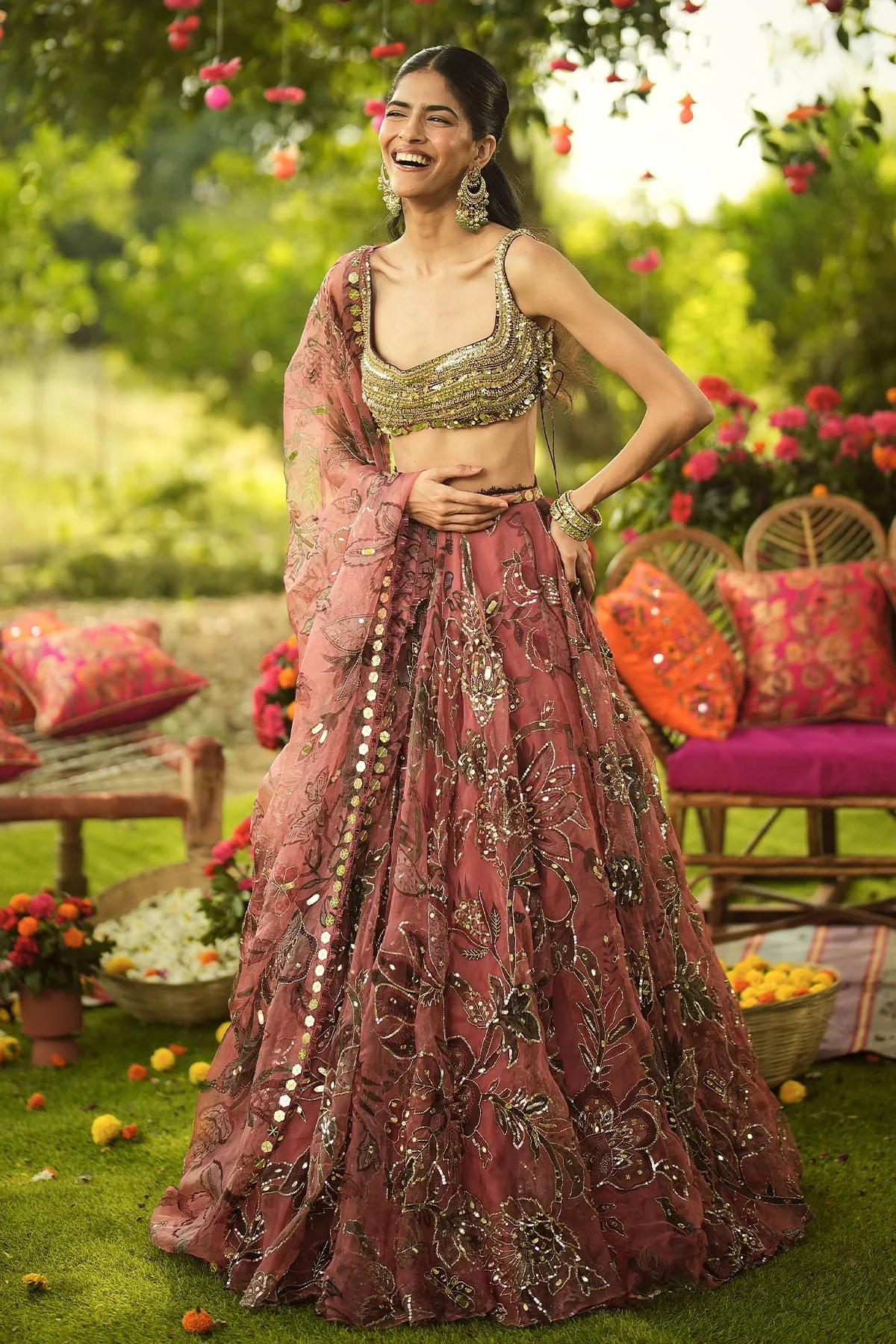 ISHA - Hand Embroidered Blouse And Dupatta With Lace Detailing Lehenga - Image 5