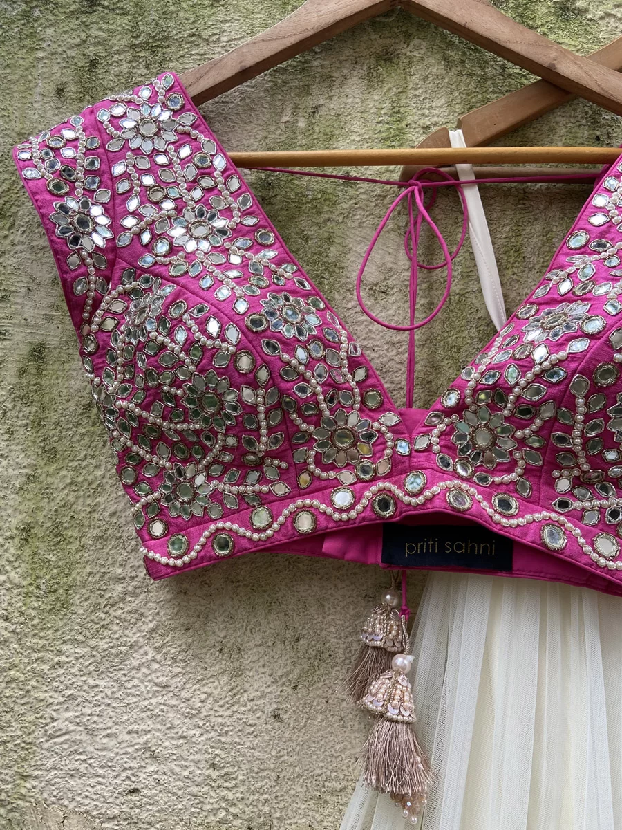 Ivory and Fuchsia Tier and Ruffle Lehenga Set - Image 6